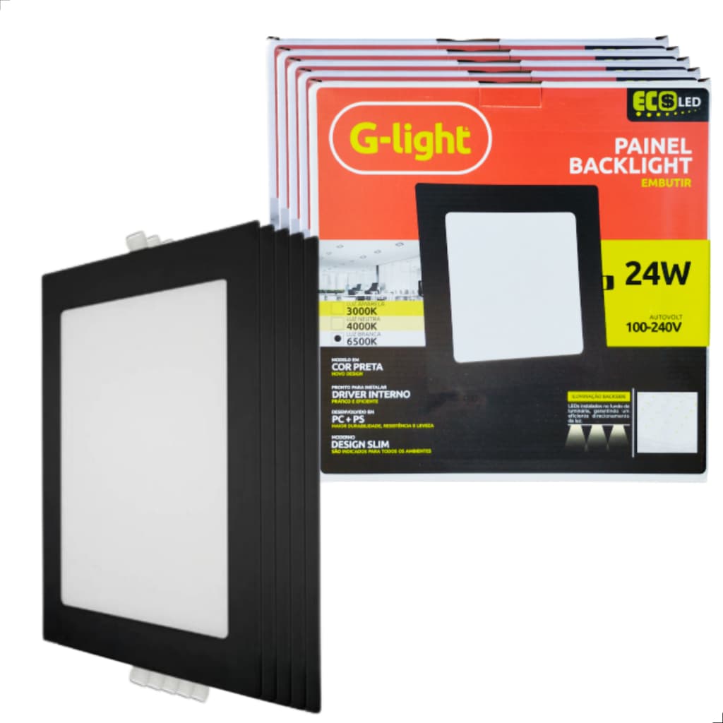 Kit 10 Painel Plafon Embutir Quadrado Cor Preto 24w 30x30 Branco Frio 6500k Bivolt