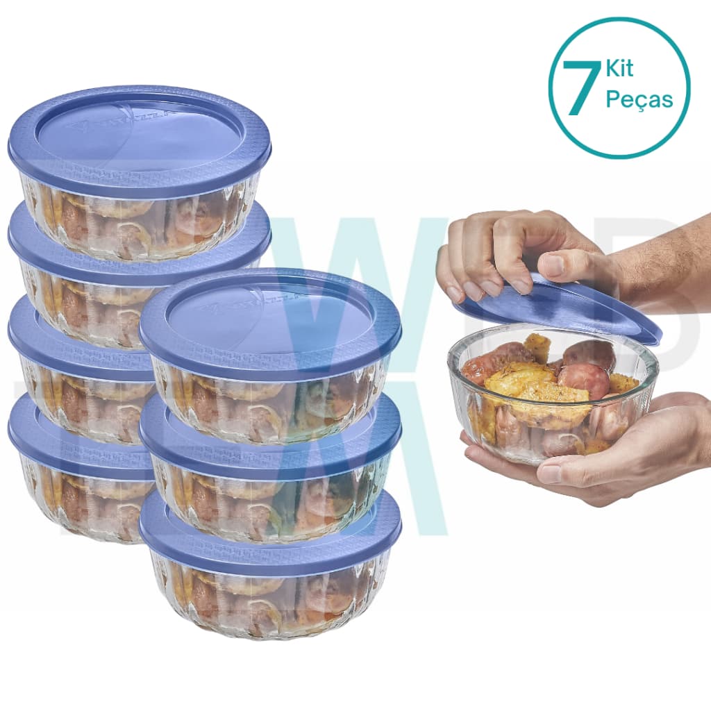 Kit 7 Potes Tigela Saladeira de Vidro com Tampa Oceani 600ml Vitazza para Servir Organizar Cozinha Geladeira Sustentável