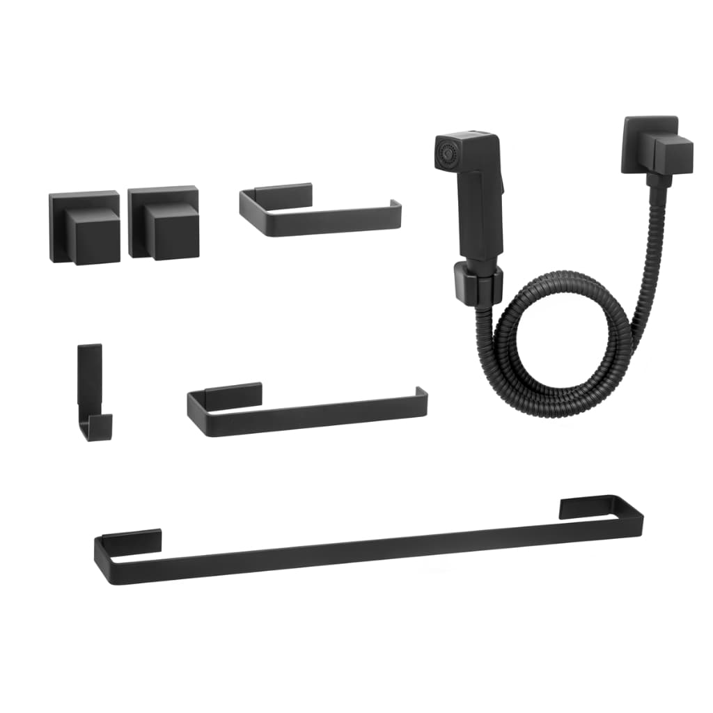 Kit de Acessórios para Banheiro Quadrado Preto Fosco Luxo+1 Ducha Higienica Preta+2 Acabamento Quadrado 1/2 3/4 Registro