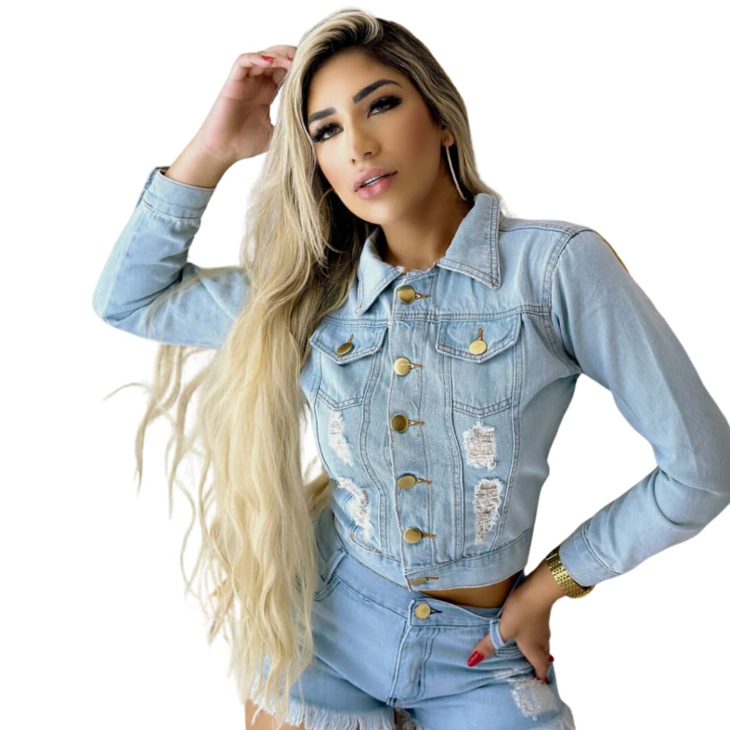 Jaqueta Jeans Feminina Cor Jeans  Claro 7 Botões Linha Clássica Premium