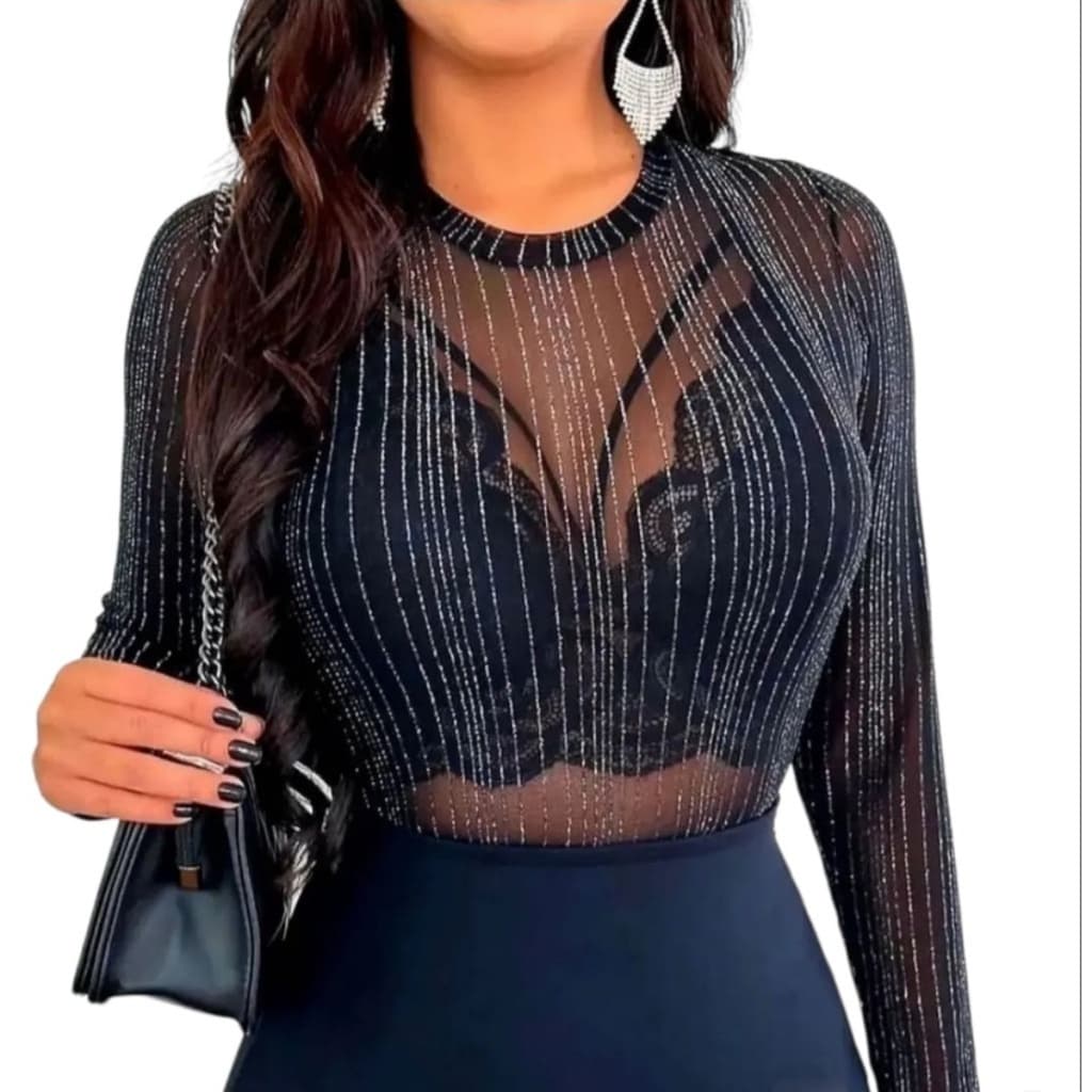 Body Manga Longa Tule Lurex Feminino Modinha