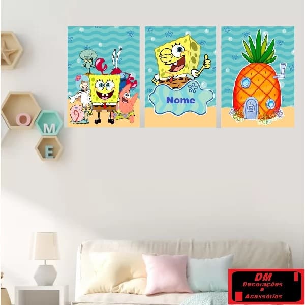 Quadros Decorativos Bob Esponja Com Nome Personalizado 3 Peças 20x30 cm