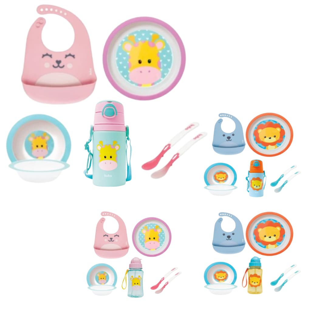 Kit Introdução Alimentar Buba Prato Raso Prato Bowl Babador em Silicone com pega migalhas Gumy Colheres termossensíveis Garrafa Alumínio Garrafa Plástico