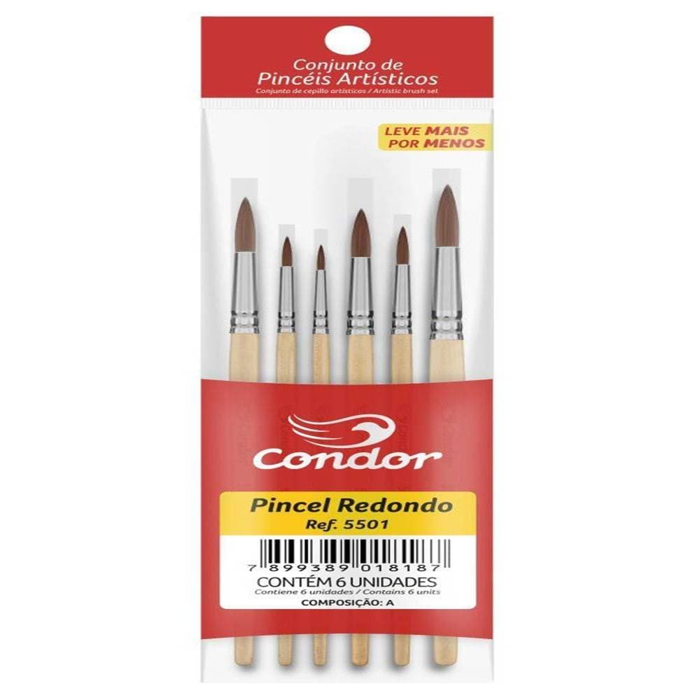 Kit Pincel Redondo Condor 5501 - 6 Pincéis para Pintura Artística