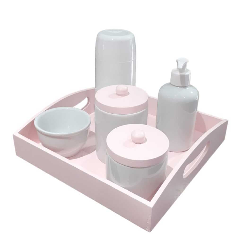 Kit Higiene bebê porcelana menina bandeja rosa potes tampa porta alcool em gel garrafinha térmica