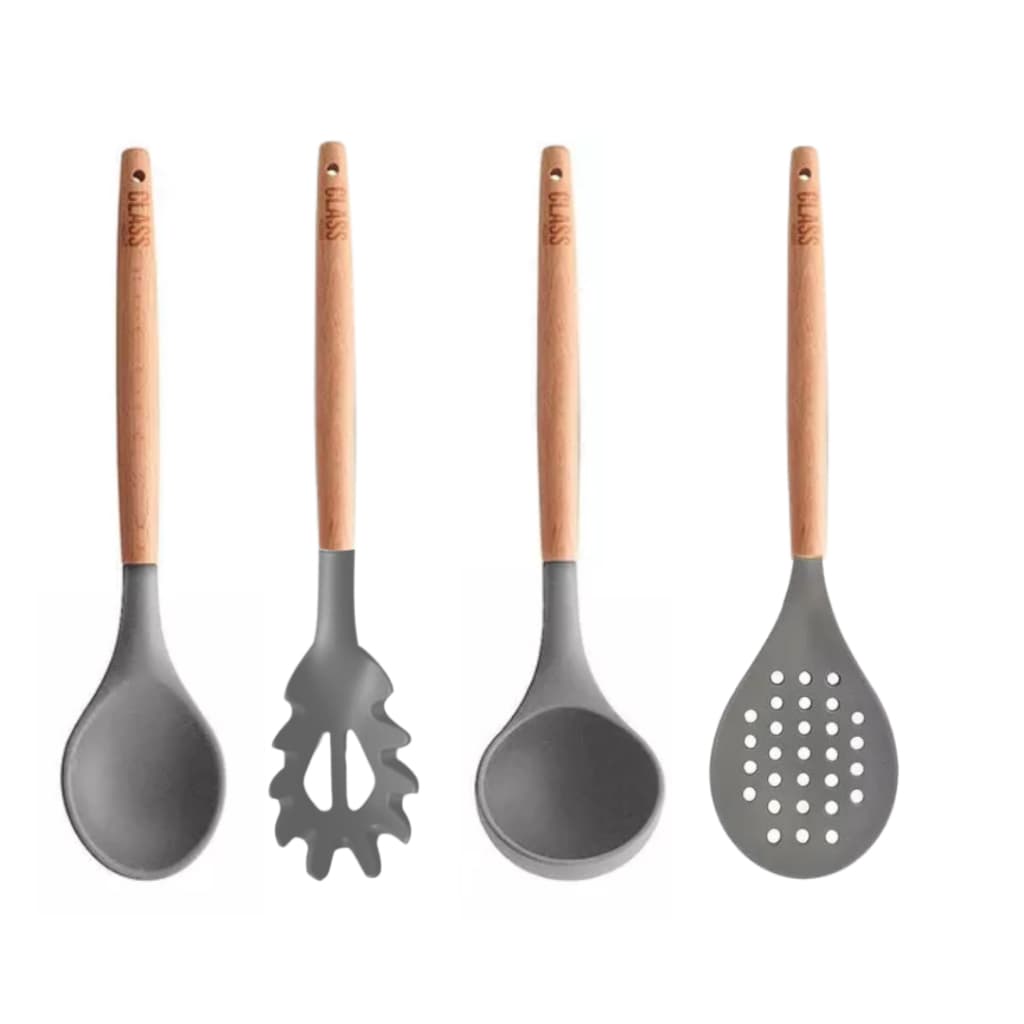 Utensílios de silicone com cabo de bambu - Cinza
