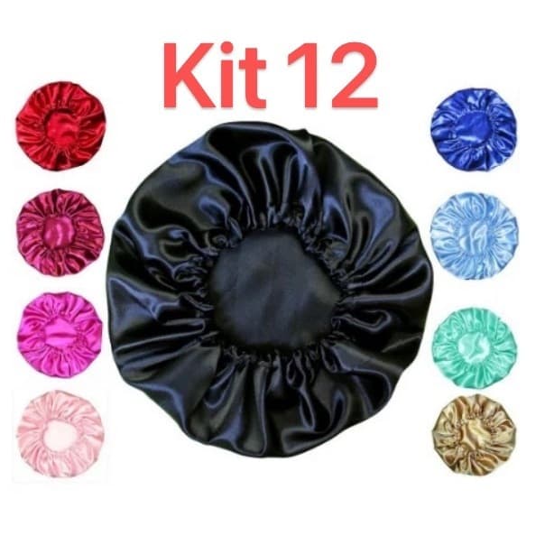 Kit com  12 Touca de Cetim Antifrizz Banho Cores Sortidas