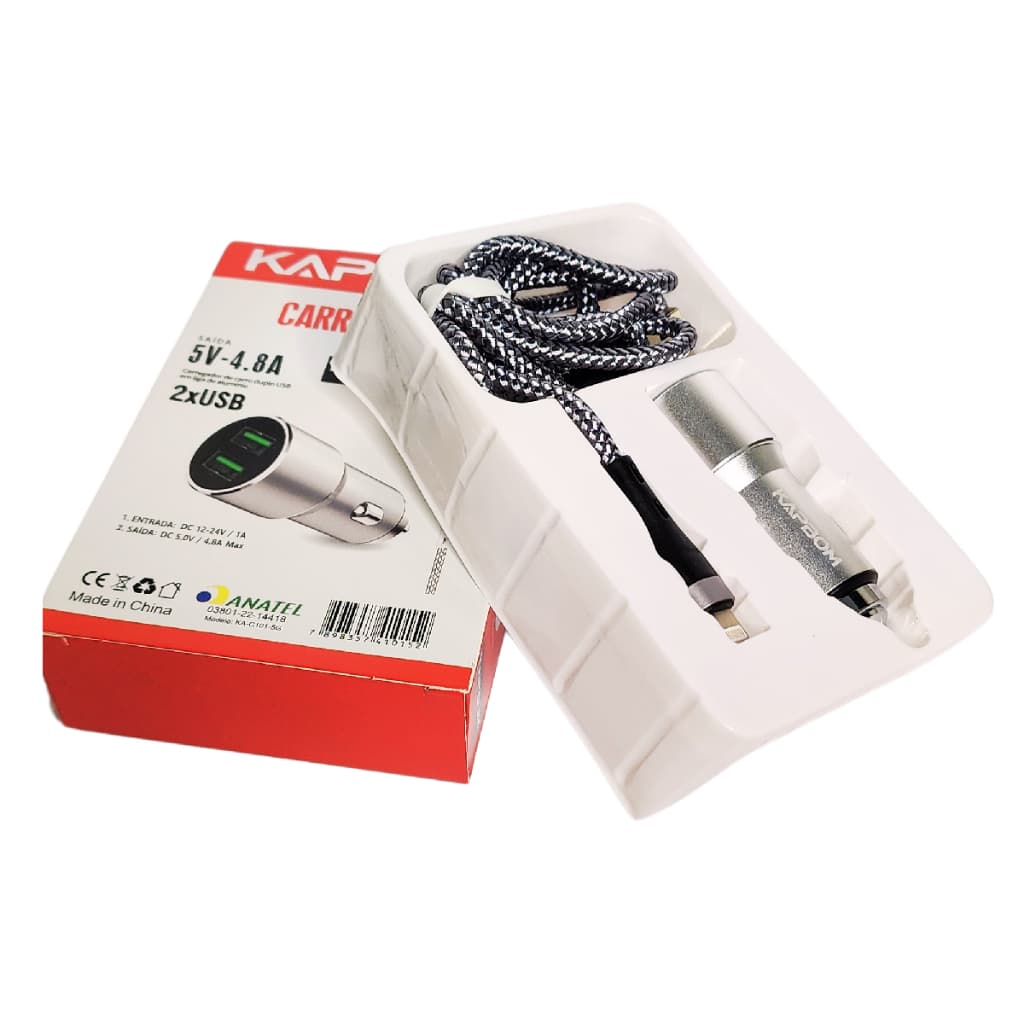 Carregador Veicular 2 entradas USB com Cabo Lighting para iPhone
