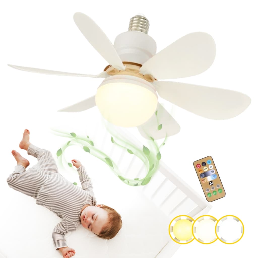 Ventilador de Teto Controle Remoto Bocal E27 Pequeno Silencioso Lampada Led 3 cores Modo Noturno 3 Velocidades Bivolt 60w Wind Light Silent Lcg