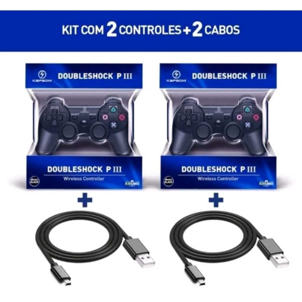 Kit Controles PS 3 Joy Sem Fio + Cabos Carregador Compatível PC e Celular