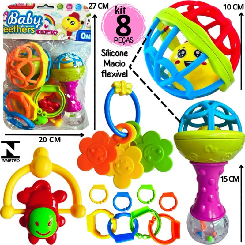 Kit Brinquedo Bebe Chocalho Mordedor Silicone Macio Bola Colorida 8 Peças Presente Para Menina e Menino Móbile para Berço