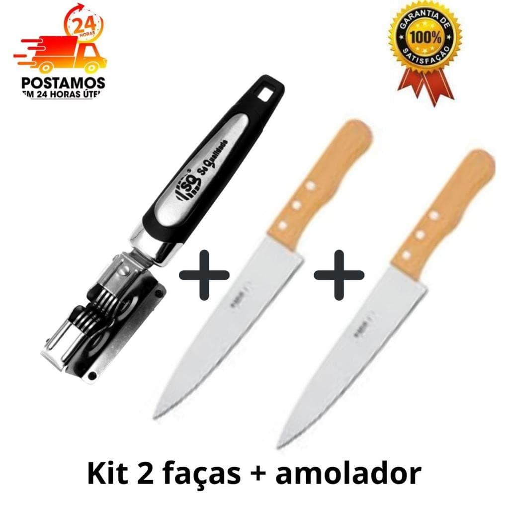 kit 2 facas de cozinha aço 7" inox mais amolador profissional