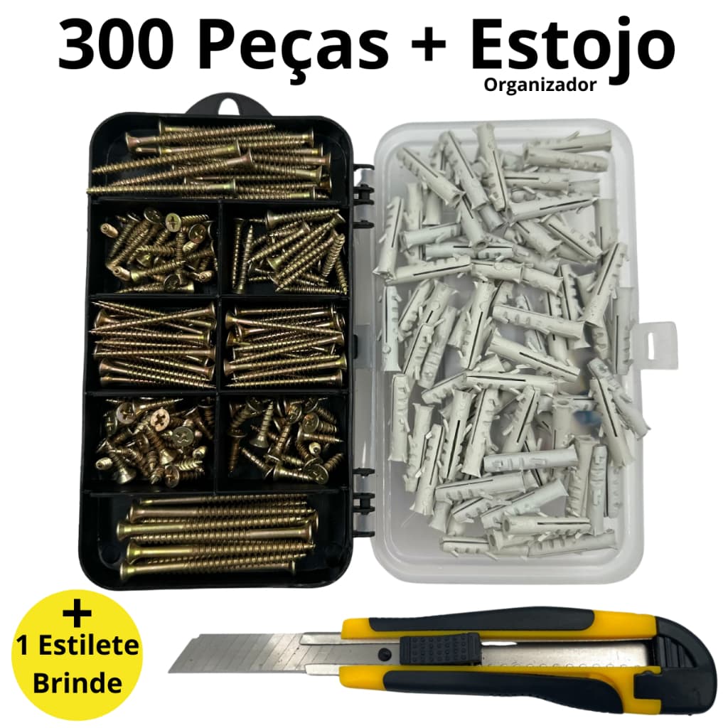 Kit 300 Parafusos Chipboard Philips para Madeira com Buchas acompanha Estojo Organizador e Estilete Profissional