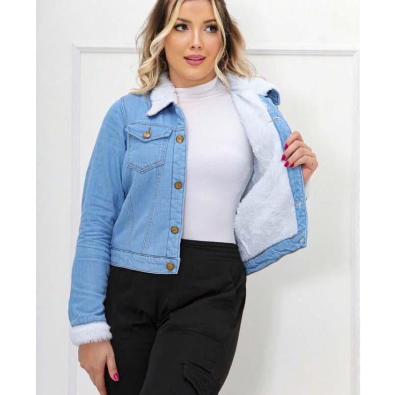 Jaqueta Jeans Premium Forrada Charmosa Clara com Bolso