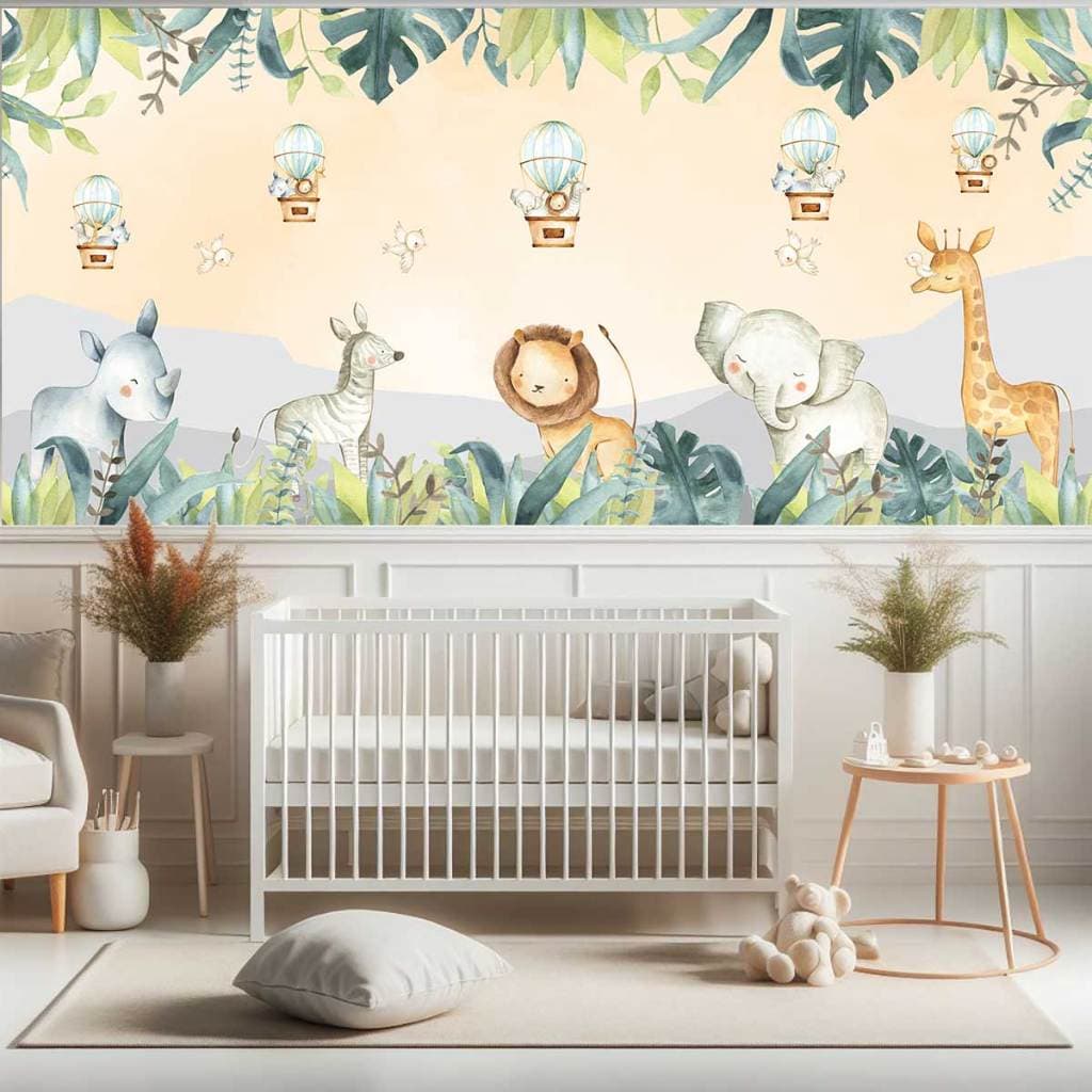 Papel de Parede Leão Girafa Elefante Safári 3,05x1,50m Aquarelado Bege - Adesivo de Parede Leão