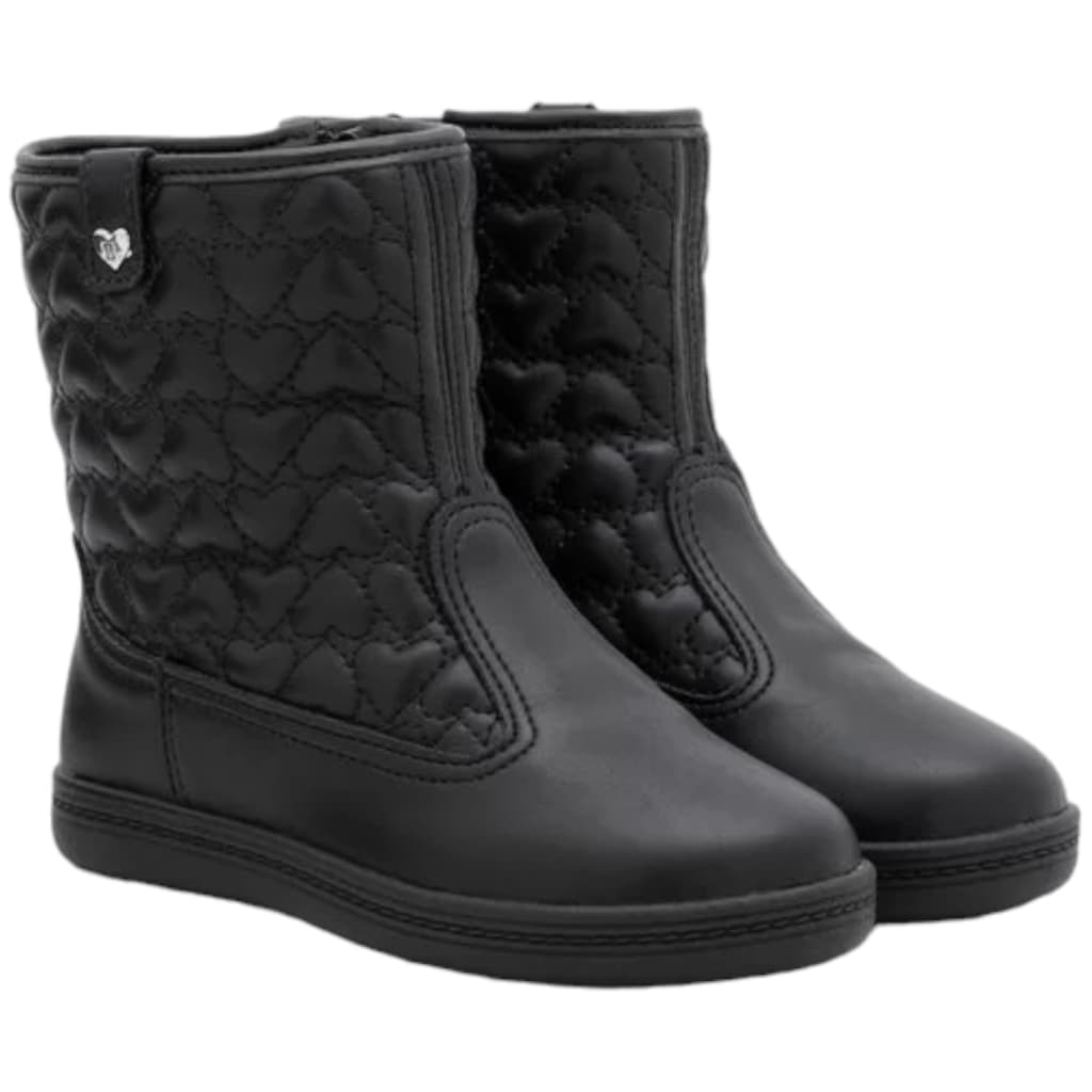 Bota Coturno Molekinha Infantil Napa Berlim Pele Stech Charme Detalhe Corações Preto Cano Médio