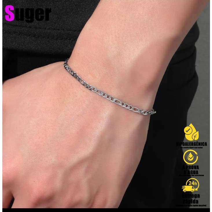 Pulseira de Aço Inoxidável Unissex Corrente Figaro Fina Estilo Punk Casual Joia para Presente