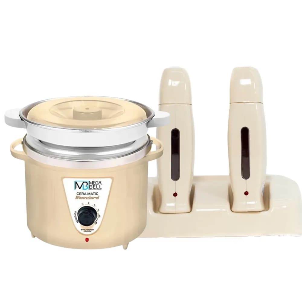 Termocera Panela Depilação 900g c/ Refil + Base Dupla c/ 2 Rollon Bege Mega Bell