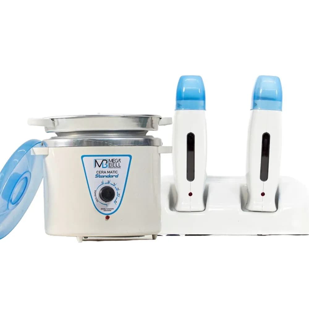 Termocera Panela Depilação 900g c/ Refil + Base Dupla c/ 2 Rollon Branco c/ Azul Mega Bell