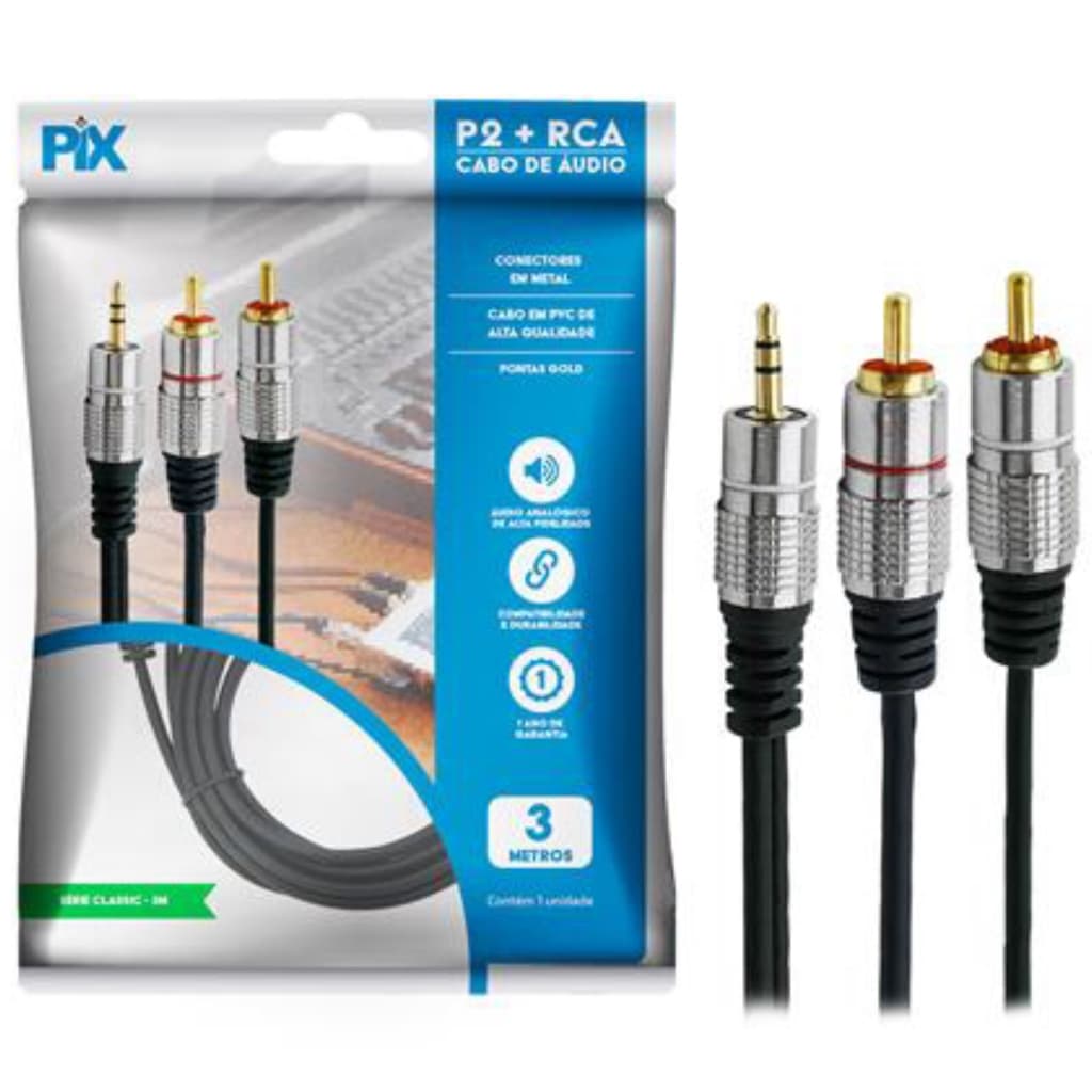 Cabo Audio Auxiliar P2 Estereo X 2 Rca Blindado Profissional 3 Metros