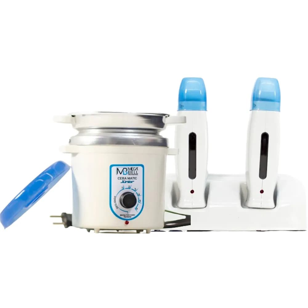 Termocera Panela Depilação 400g c/ Refil + Base Dupla c/ 2 Rollon Branco c/ Azul Mega Bell