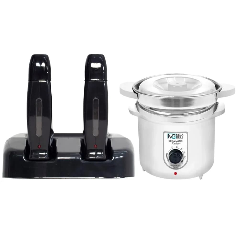 Termocera Panela Depilação 400g c/ Refil Branca + Base Dupla c/ 2 Rollon Preto Mega Bell