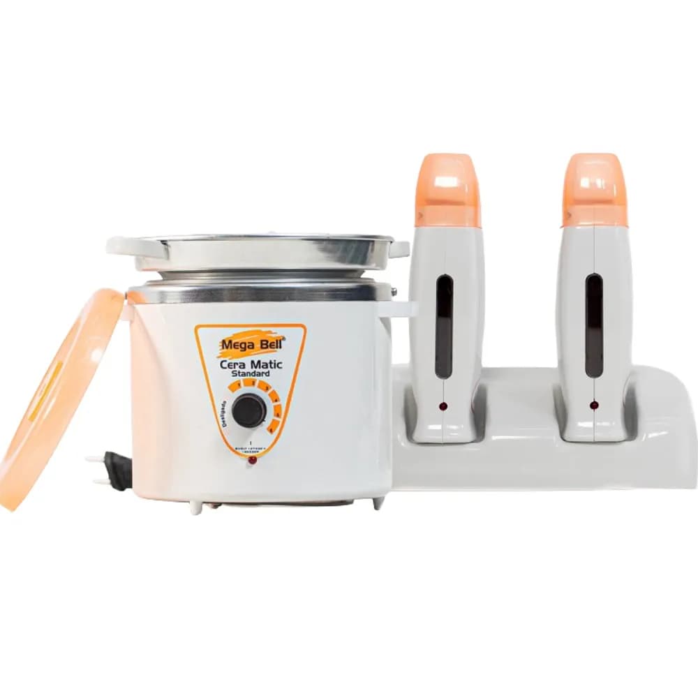 Termocera Panela Depilação 900g c/ Refil + Base Dupla c/ 2 Rollon Branco c/ Laranja Mega Bell