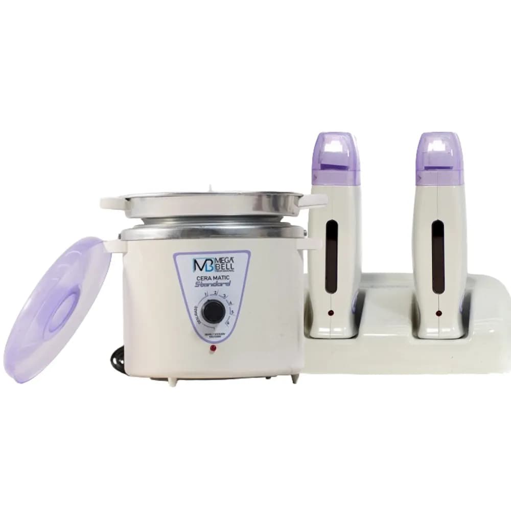 Termocera Panela Depilação 900g c/ Refil + Base Dupla c/ 2 Rollon Branco c/ Lilás Mega Bell