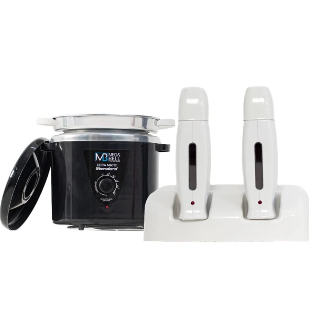 Termocera Panela Depilação 900g c/ Refil Preta + Base Dupla c/ 2 Rollon Toda Branca Mega Bell