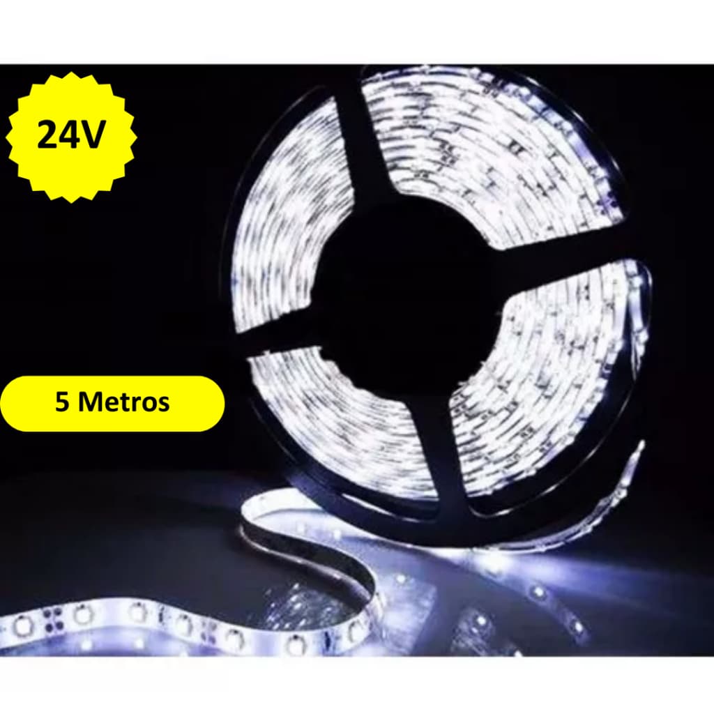 Fita LED 5050 24v BRANCO FRIO 60LED/m Dupla Face 5Mts IP65 Para Caminhão Ônibus Trenzinho