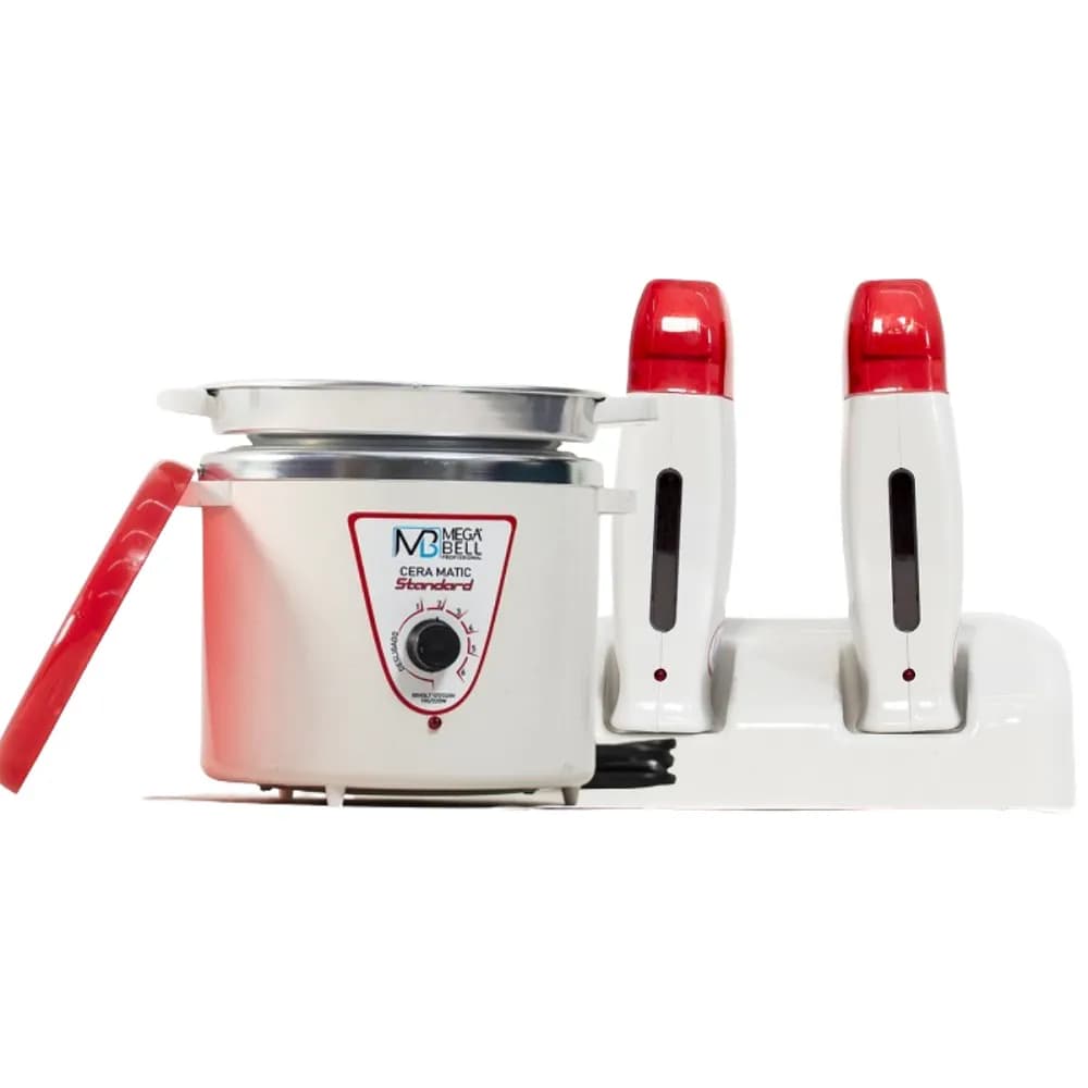 Termocera Panela Depilação 900g c/ Refil + Base Dupla c/ 2 Rollon Branco Com Vermelho Mega Bell