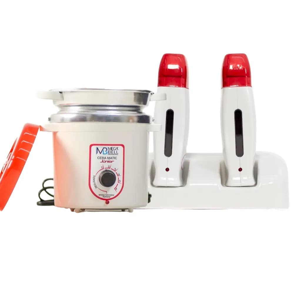 Termocera Panela Depilação 400g c/ Refil + Base Dupla c/ 2 Rollon Branco com Vermelho Mega Bell
