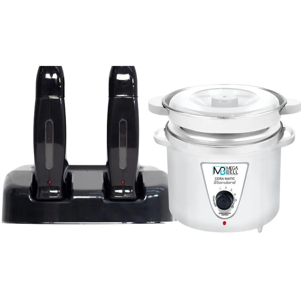 Termocera Panela Depilação 900g c/ Refil Toda Branca + Base Dupla c/ 2 Rollon Preta Mega Bell