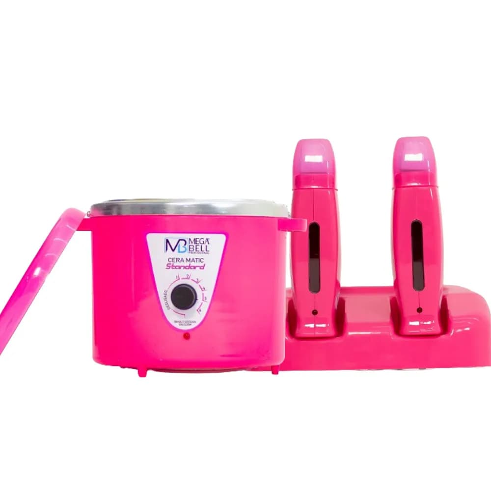 Termocera Panela Depilação 700g Sem Refil + Base Dupla c/ 2 Rollon Toda Rosa Mega Bell