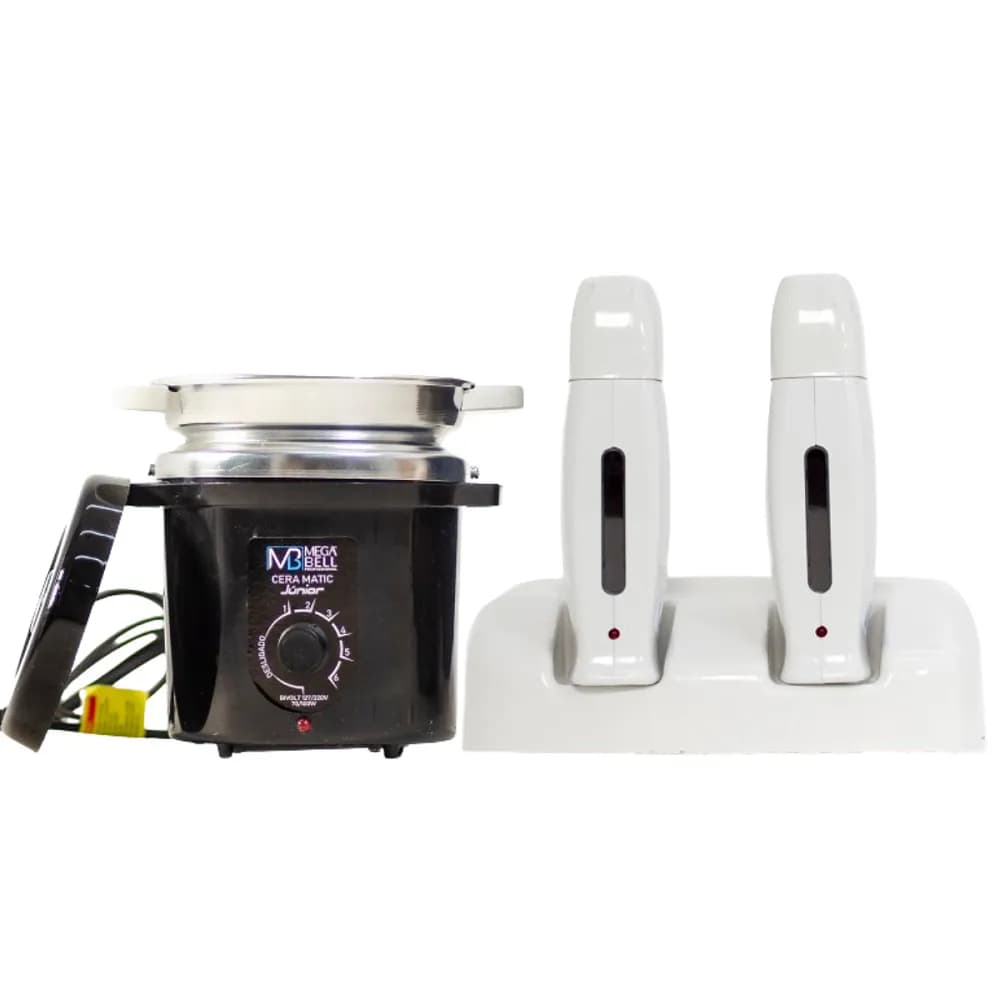 Termocera Panela Depilação 400g c/ Refil Preta + Base Dupla c/ 2 Rollon Toda Branca Mega Bell