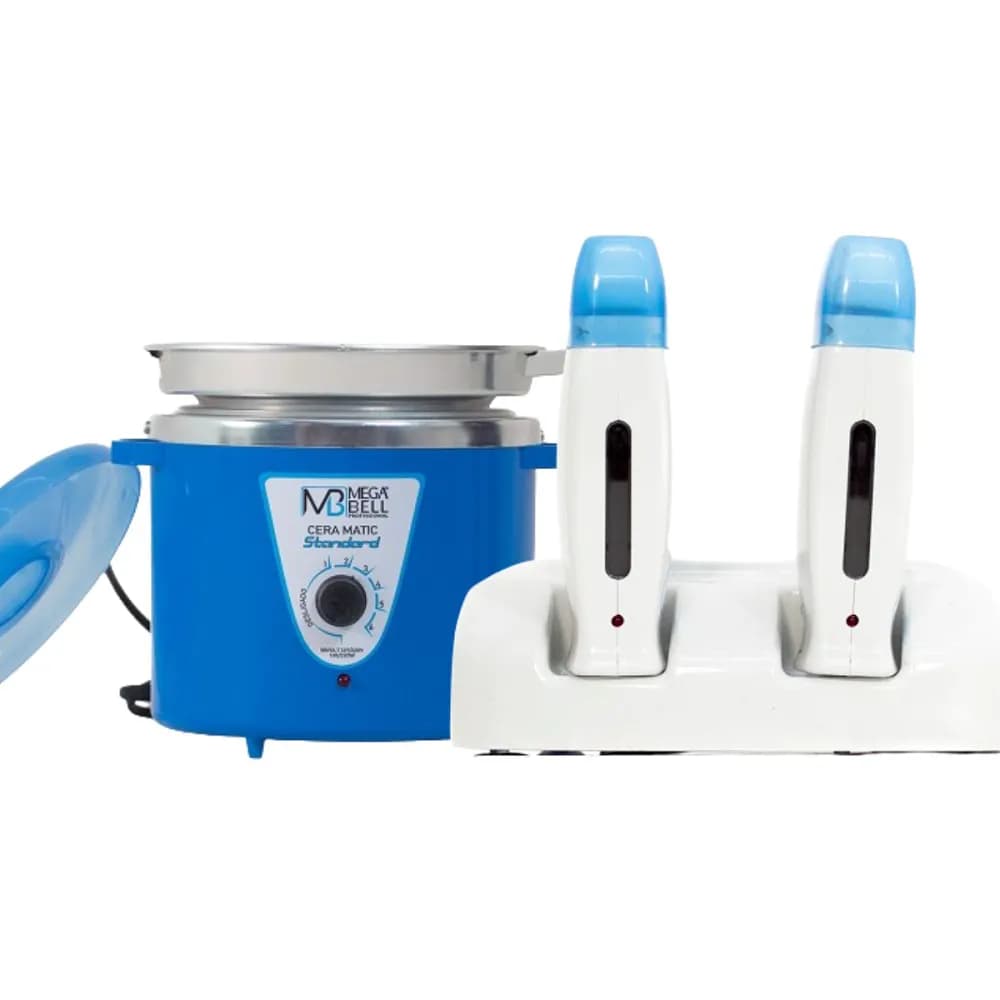 Termocera Panela Depilação Toda Azul 900g c/ Refil + Base Dupla c/ 2 Rollon Branco c/ Azul Mega Bell