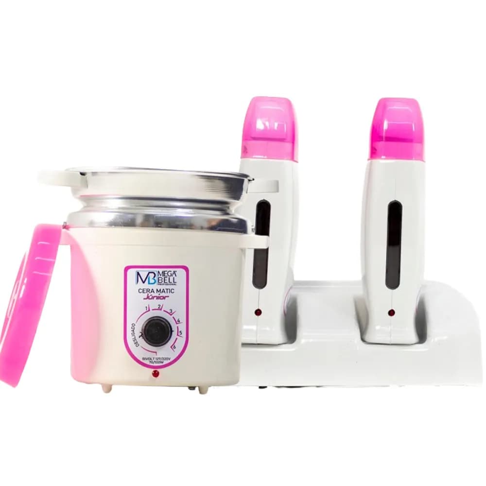 Termocera Panela Depilação 400g Branca e Rosa c/ Refil + Base Dupla 2 Rollon Branco e Rosa Mega Bell