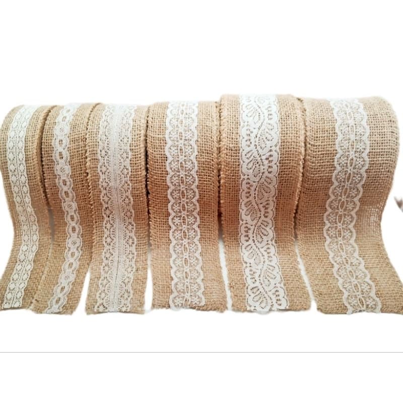 Rolo fita de juta natural com renda branca fina e grossa c/ 9,5m comprimento laços decoração