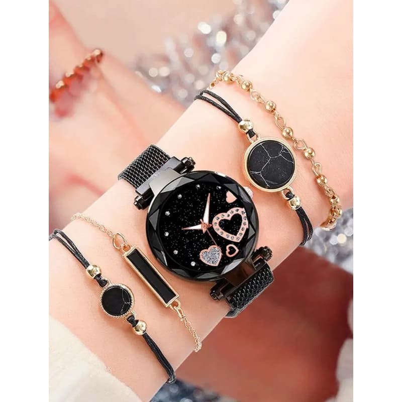 Relógio feminino preto estilo luxo + 4 acessórios