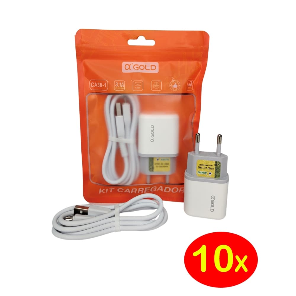 Kit 10pcs Carregador Turbo Micro USB V8 / Type C /Lightning Iphone Para Android 3.1A A'Gold