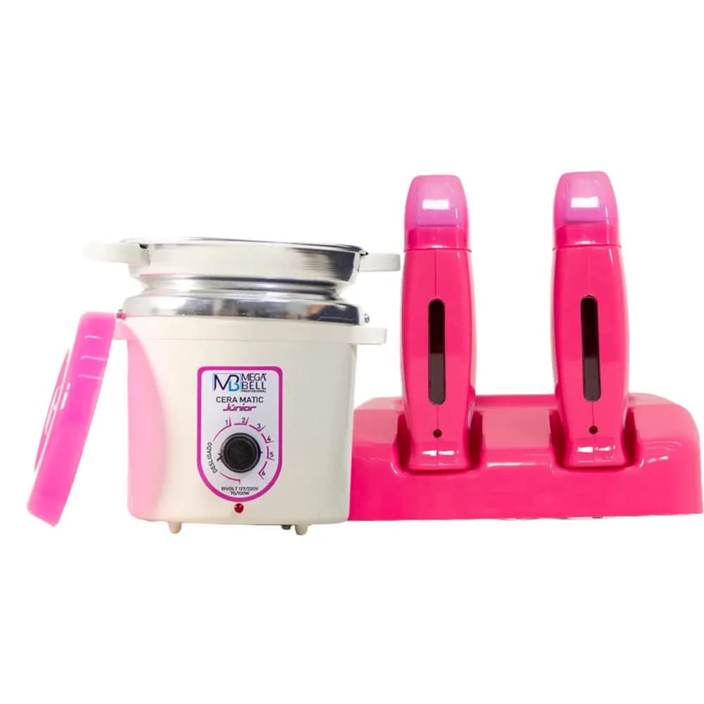 Termocera Panela Depilação 400g c/ Refil Branca e Rosa + Base Dupla c/ 2 Rollon Toda Rosa Mega Bell