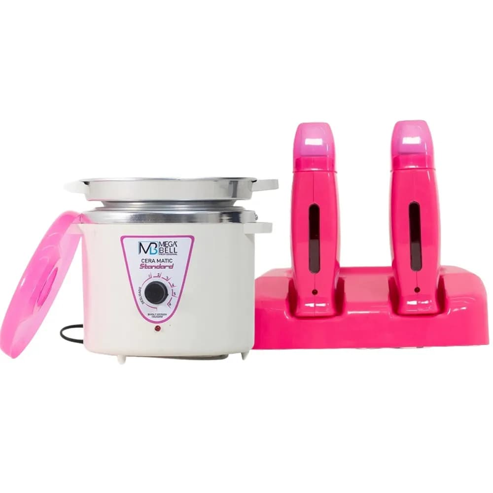 Termocera Panela Depilação 900g c/ Refil Branca e Rosa + Base Dupla c/ 2 Rollon Toda Rosa Mega Bell