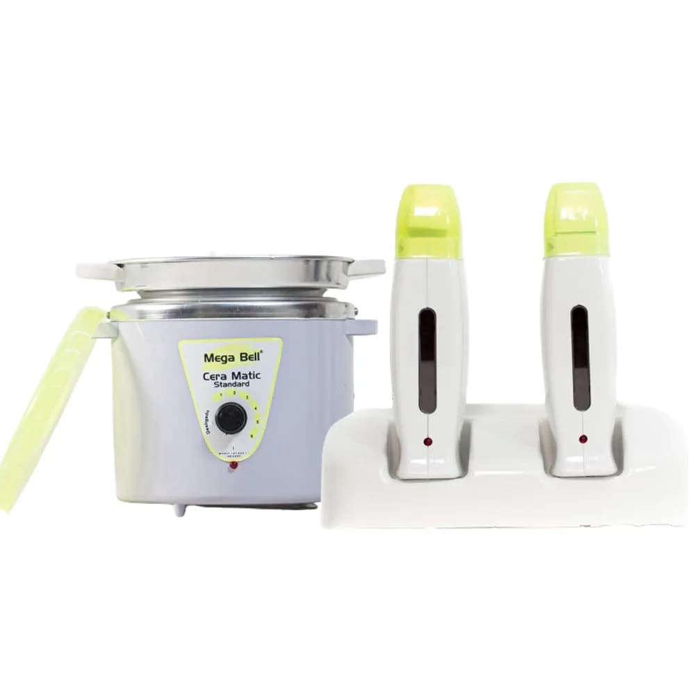 Termocera Panela Depilação 900g Com Refil + Base Dupla c/ 2 Rollon Branco E Verde Limão Mega Bell