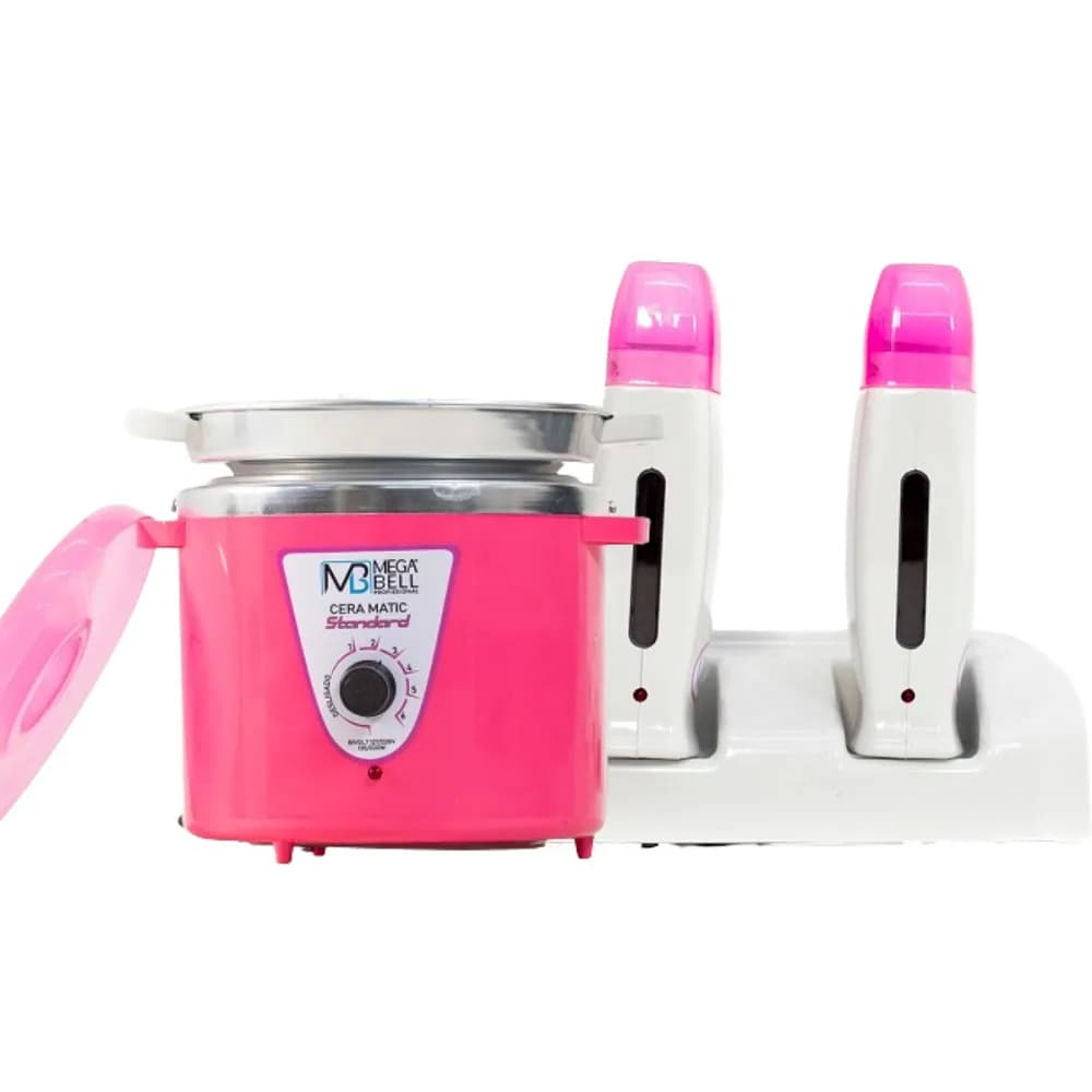 Termocera Panela Depilação Toda Rosa 900g + Refil + Base Dupla com 2 Rollon Branco c/ Rosa Mega Bell