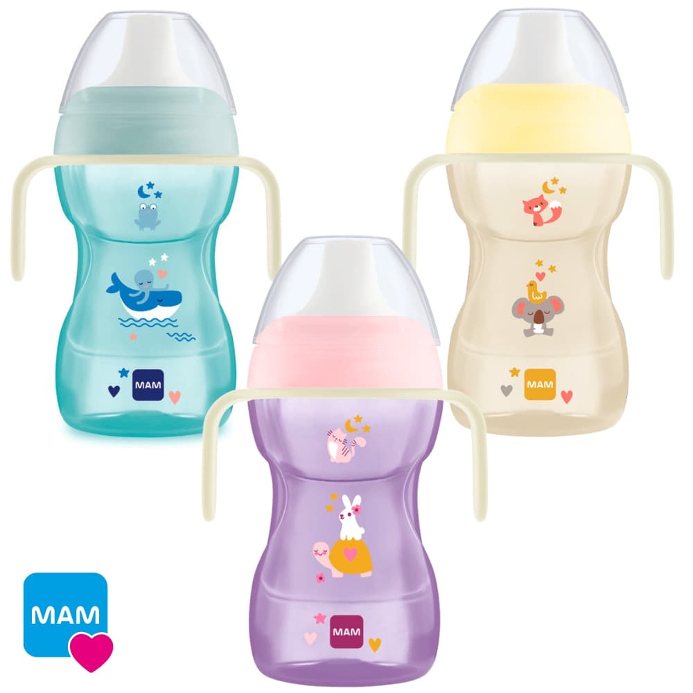 Copo de Transição 8+ Meses MAM 270ml Treinamento Bico Rigido Bebês Antivazamento com Alça Brilha