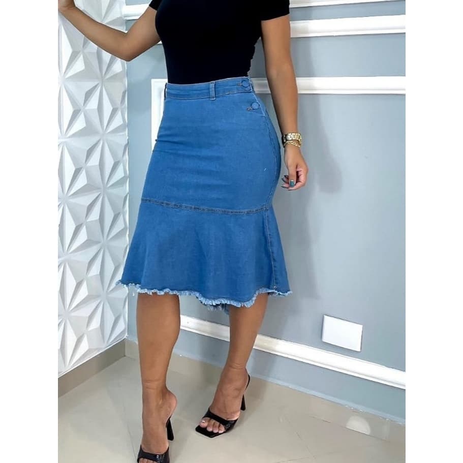 Saia Lápis Jeans com Lycra