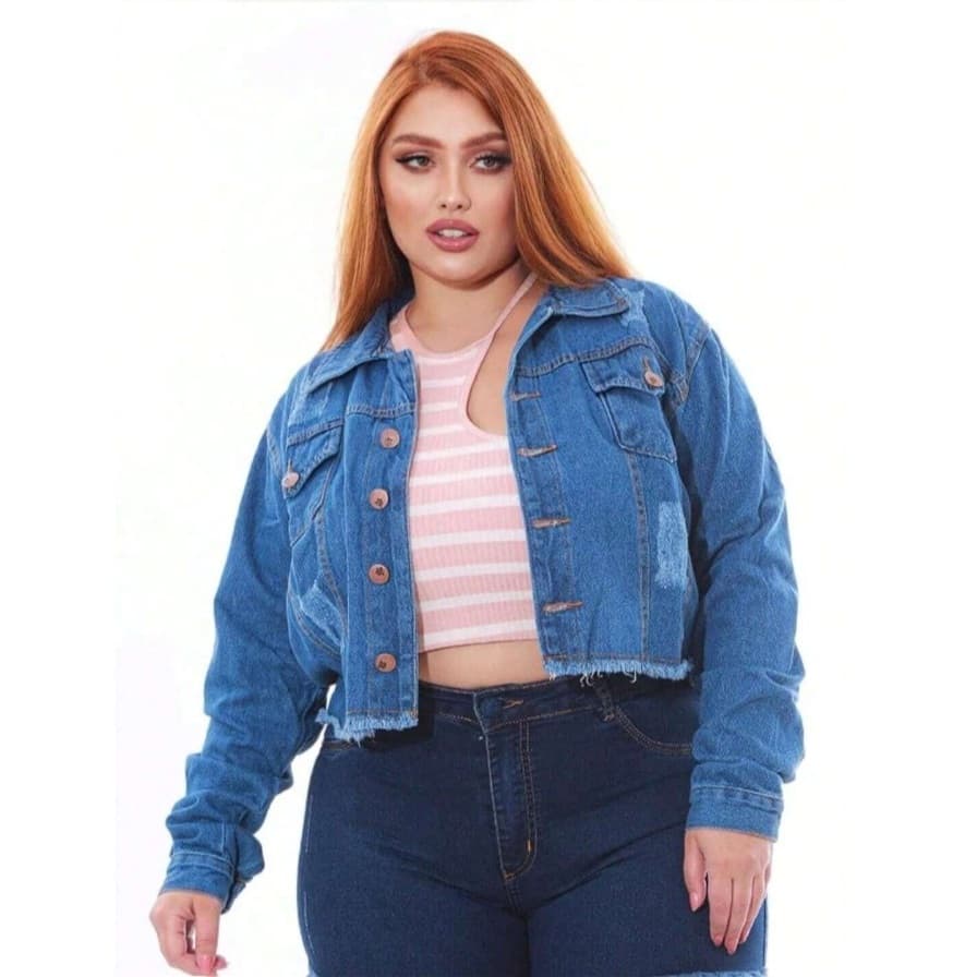 Jaqueta Jeans Cropped Plus Size Jaqueta Jeans Feminina curta com barra desfiada