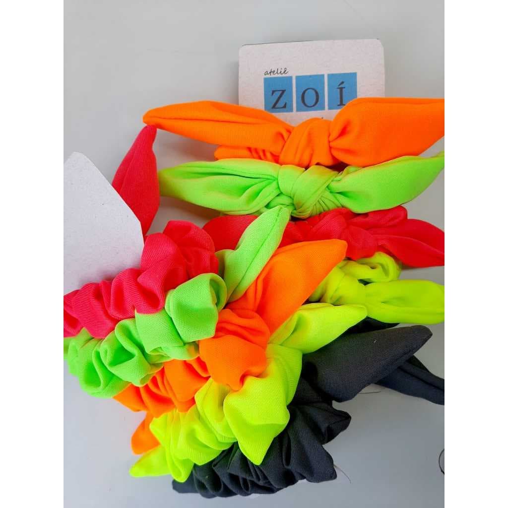 05 Scrunchies Frufru De Cabelo Neon Brilha na Luz Negra Verão Carnaval Balada Festa