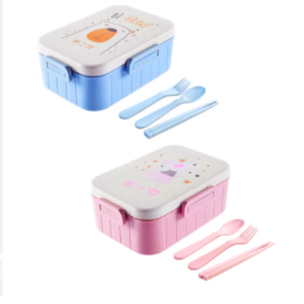 Marmita Lancheira para Escola, Passeio Infantil  com Talheres - Garfo, Colher e Hashi - Azul ou Rosa