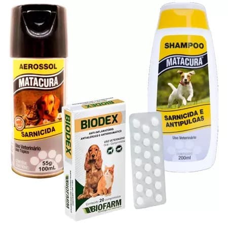 Kit Tratamento de Sarna Shampoo e Aerossol Matacura Sarnicida + Biodex Comprimidos Sarna de Cachorro